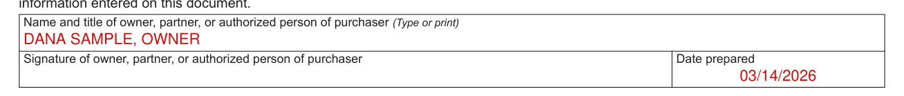 Form ST-120 example filled out, certification and signature
