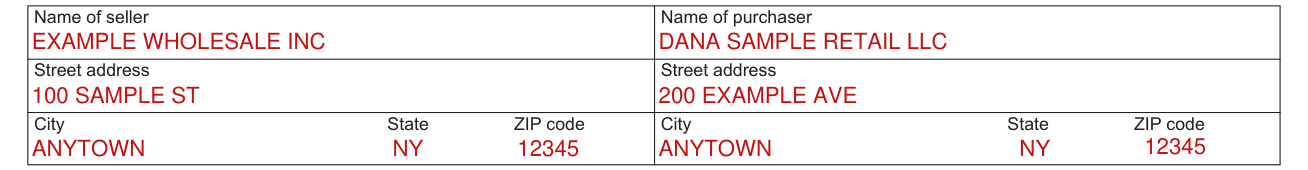 Form ST-120 example filled out, name of seller and name of purchaser