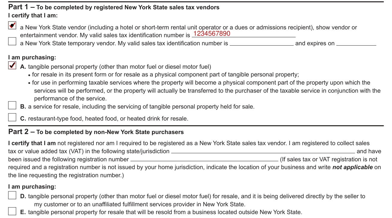 Form ST-120 example filled out, part 1, registered New York State sales tax vendors