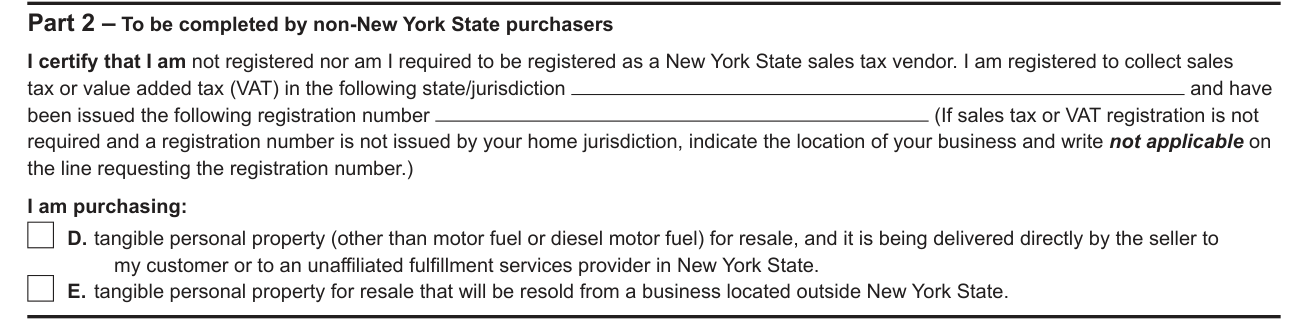 Form ST-120 example filled out, part 2, non-New York State purchasers