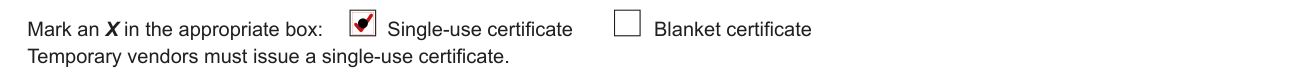 Form ST-120 example filled out, single-use certificate or Blanket certificate