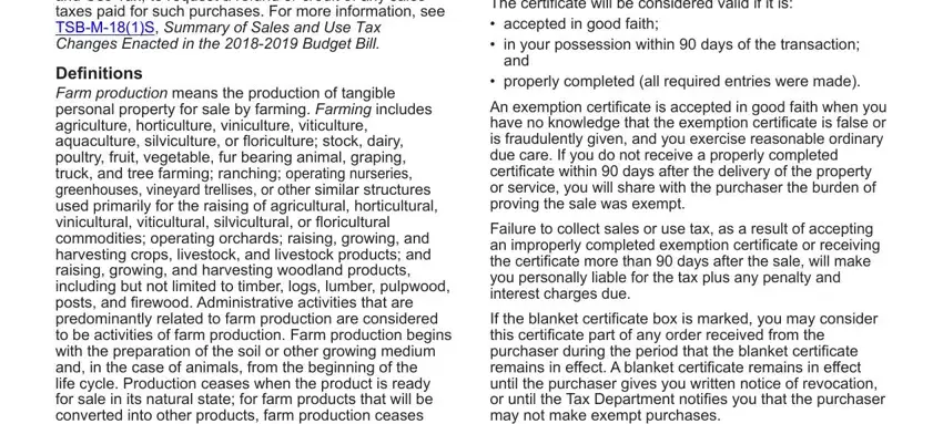 printable st 125 New Box F  Effective June   mark, Deinitions Farm production means, As a New York State registered, and, properly completed all required, An exemption certiicate is, Failure to collect sales or use, and If the blanket certiicate box is fields to complete