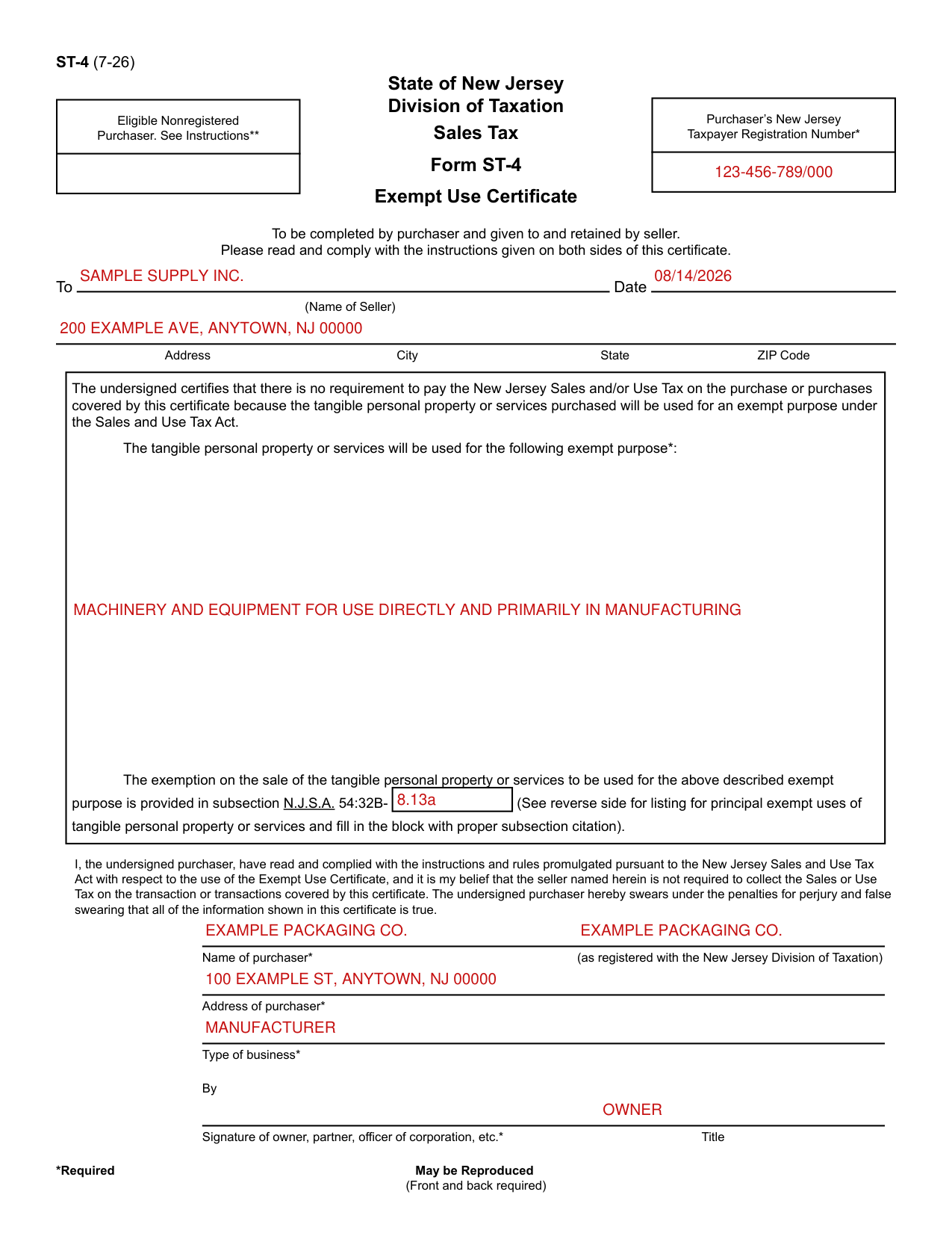 Form ST-4 example filled out, example: a manufacturer gives the seller a certificate