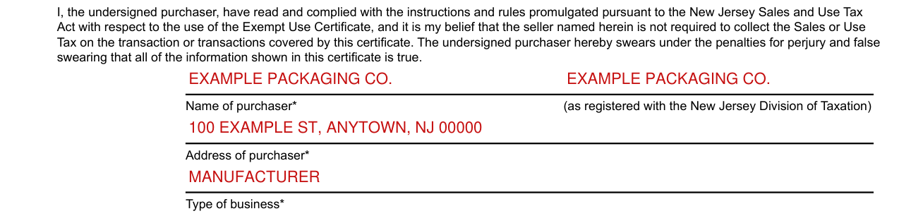 Form ST-4 example filled out, name of purchaser, Address of purchaser and Type of business