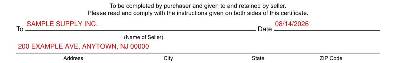 Form ST-4 example filled out, to (Name of Seller)