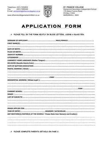 St Francis College Mariannhill Application Form Preview