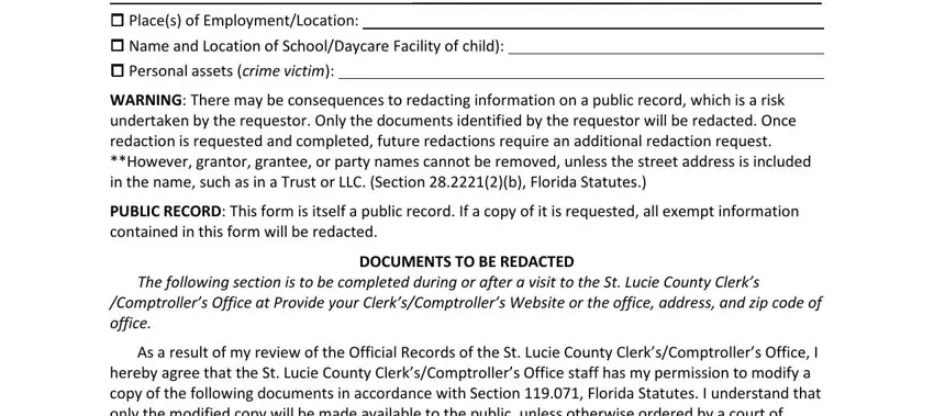 stlucieclerk Places of EmploymentLocation, WARNING There may be consequences, PUBLIC RECORD This form is itself, DOCUMENTS TO BE REDACTED, The following section is to be, Comptrollers Office at Provide, and As a result of my review of the fields to fill
