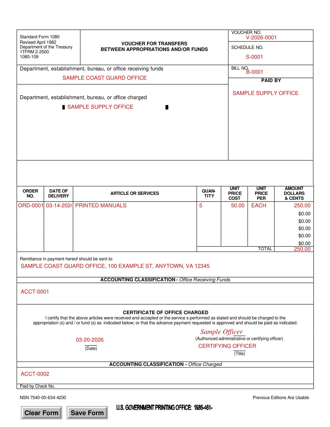 Standard Form 1080 example filled out, example: a Coast Guard office bills a supply office