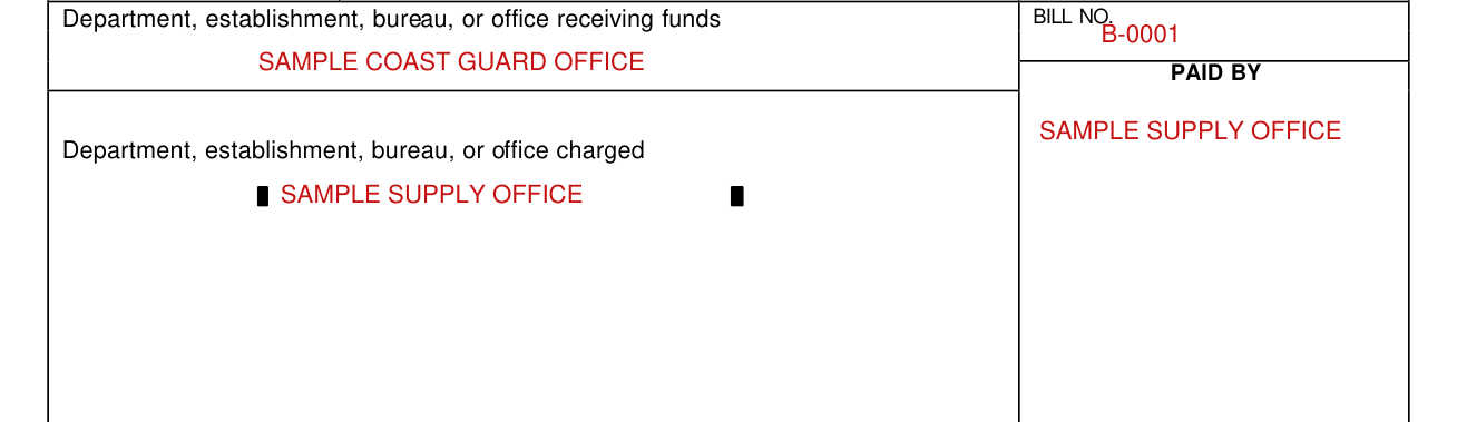 Standard Form 1080 example filled out, office receiving funds, Bill No. and office charged