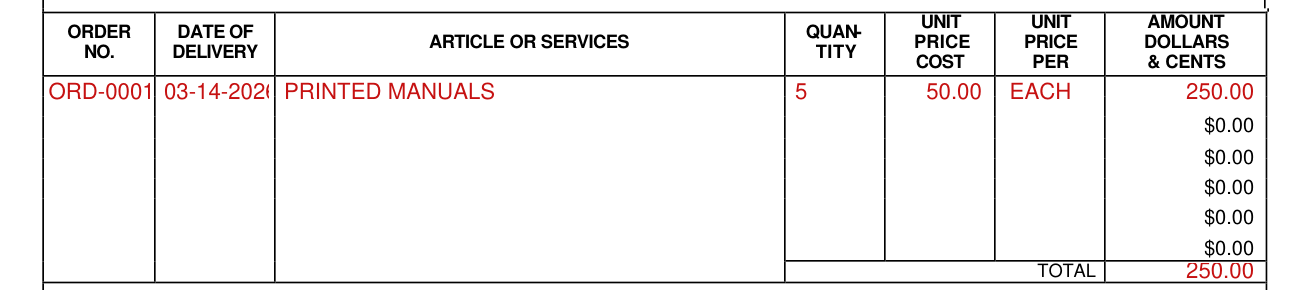 Standard Form 1080 example filled out, order No., Date of Delivery and Article or Services
