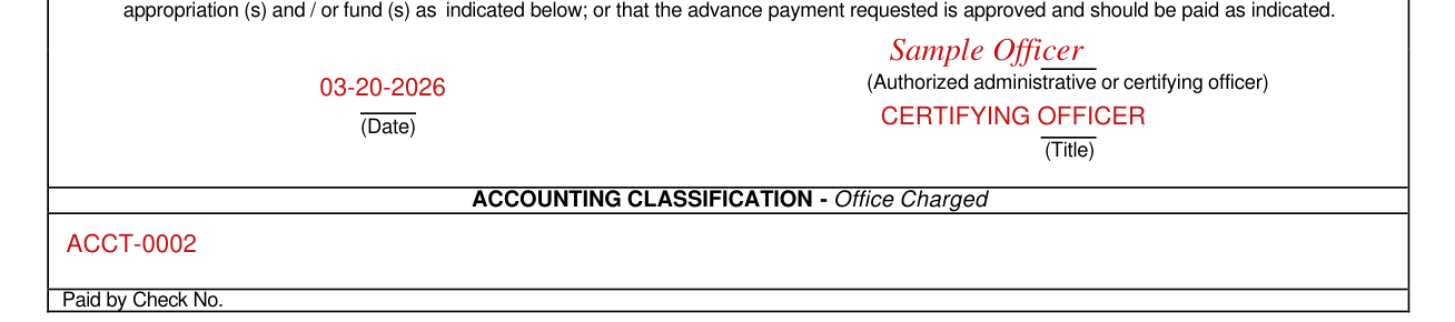 Standard Form 1080 example filled out, paid by Check No