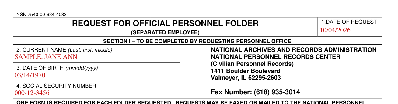 Standard Form 127 example filled out, date of request, current name, date of birth and Social Security number