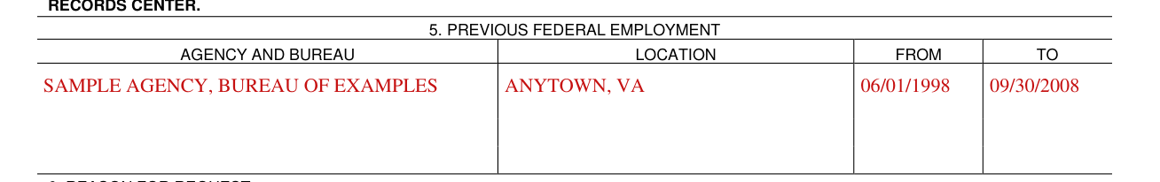 Standard Form 127 example filled out, previous Federal employment