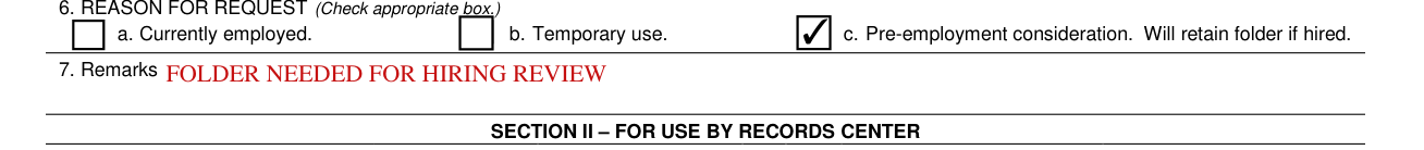 Standard Form 127 example filled out, reason for request and remarks