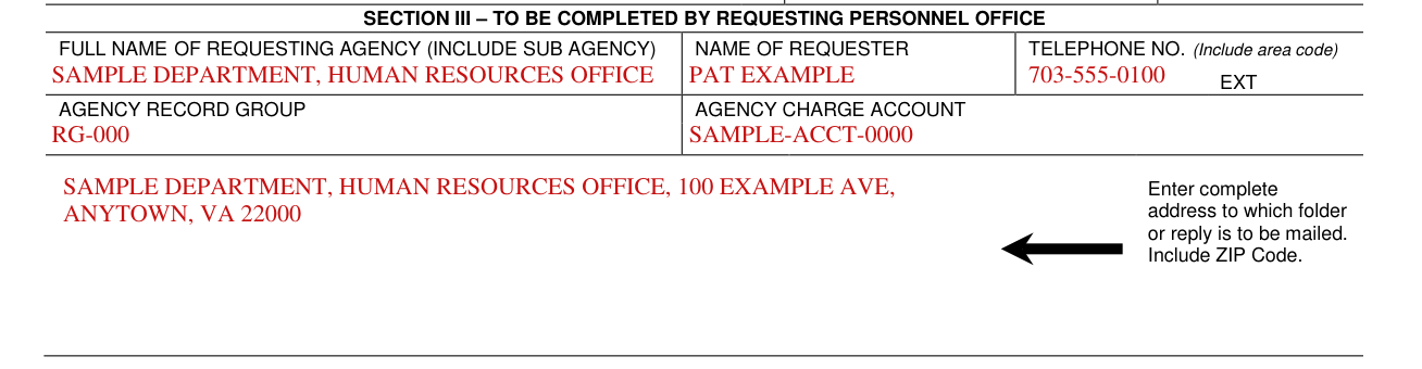 Standard Form 127 example filled out, section III: the requesting agency, the requester and where the folder or reply is mailed