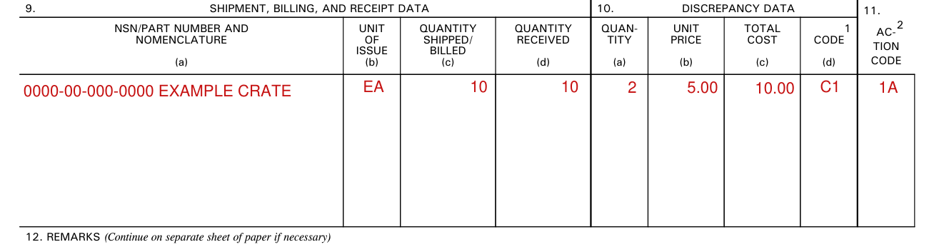 Standard Form 364 example filled out, discrepancy codes