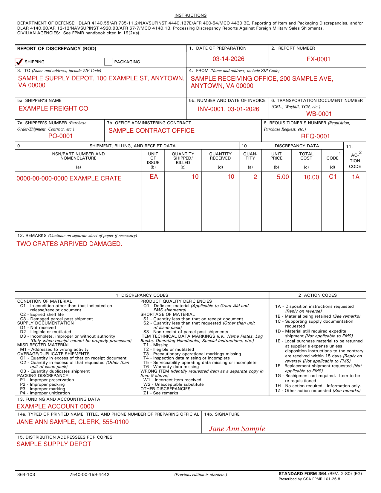 Standard Form 364 example filled out, example: a shipping report for damaged crates