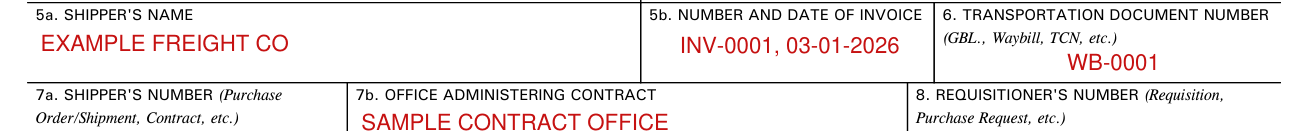 Standard Form 364 example filled out, shipper's name, invoice and transportation document