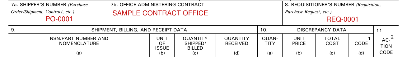 Standard Form 364 example filled out, shipper's number, office administering contract and requisitioner's number