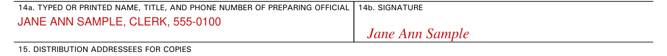 Standard Form 364 example filled out, typed or printed name, title, phone number and signature of preparing official