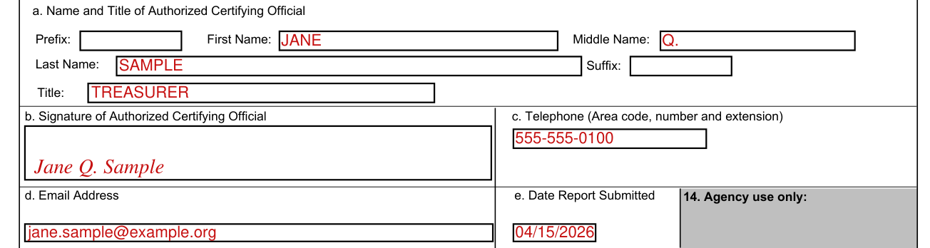 Standard Form 425 example filled out, 13. Certification