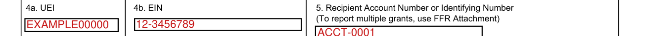 Standard Form 425 example filled out, 4a. UEI and 4b. EIN