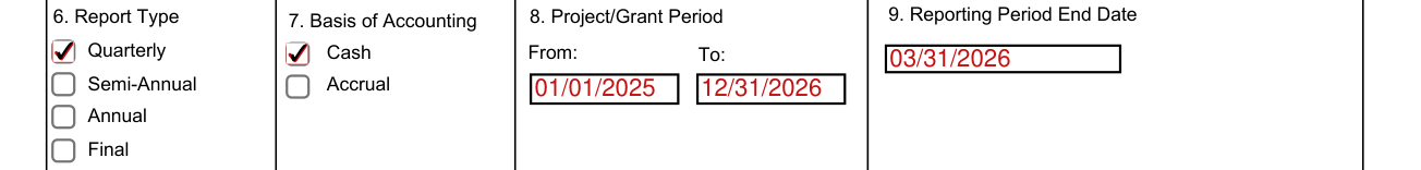 Standard Form 425 example filled out, 6. Report Type