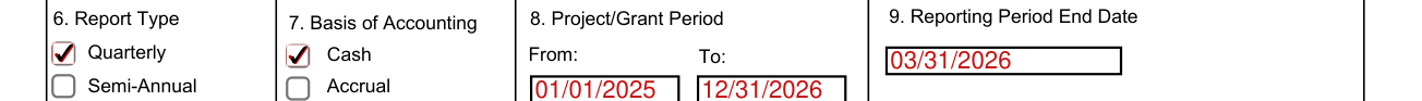 Standard Form 425 example filled out, 9. Reporting Period End Date