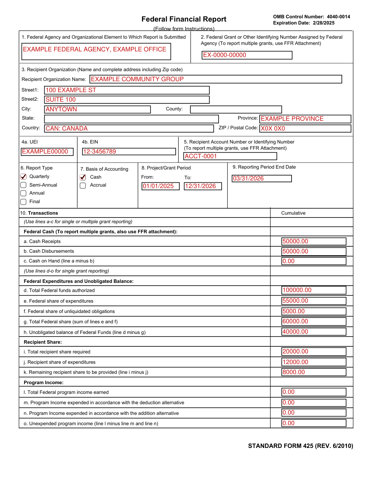Standard Form 425 example filled out, example: a quarterly report on a cash basis