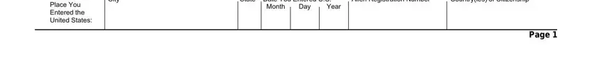 Standard Form 85 Place You Entered the United States, City, State Date You Entered US, Alien Registration Number, Countryies of Citizenship, Month, Day, Year, and Page fields to fill