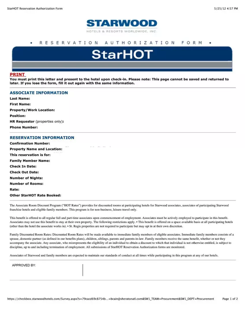 Starhot Hotel Form first page preview