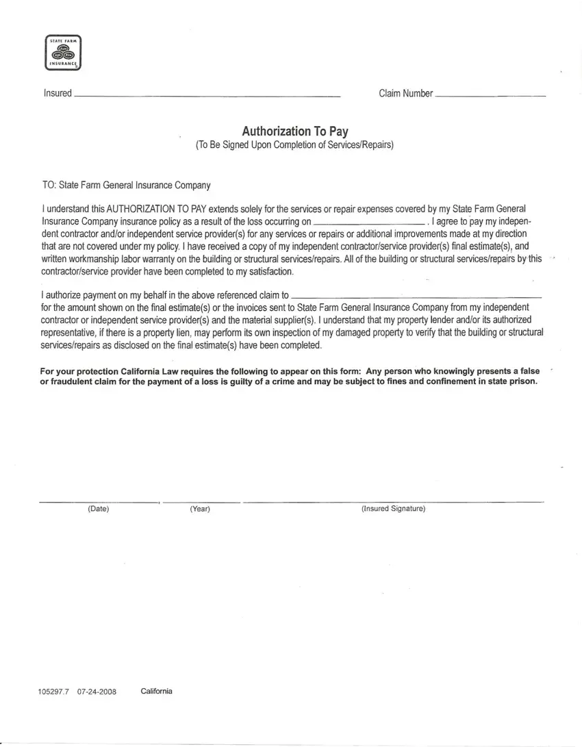 State Farm Authorization To Pay first page preview