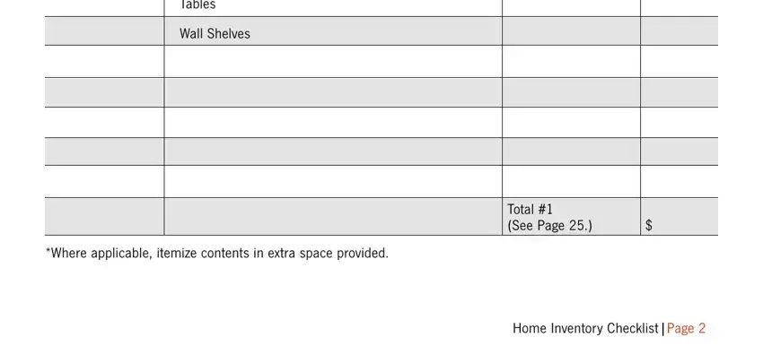 Tables, Wall Shelves, Where applicable itemize contents, Total  See Page, and Home Inventory Checklist Page in state farm personal property inventory customer worksheet