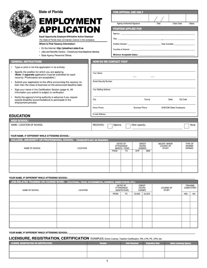 State Florida Employment Application first page preview