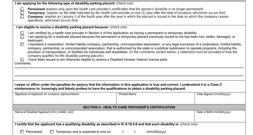 state form 42070 I am applying for the following, SECTION   APPLICATION FOR A, Permanent expires only upon the, operations whichever occurs first, I am eligible to receive a, I am certified by a health care, Comments, I swear or affirm under the, Printed Name, Date Signed mmddyyyy, Name of Disabled Applicant first, Date of Birth mmddyyyy, SECTION   HEALTH CARE PROVIDERS, I certify that the applicant has a, and Permanent fields to insert
