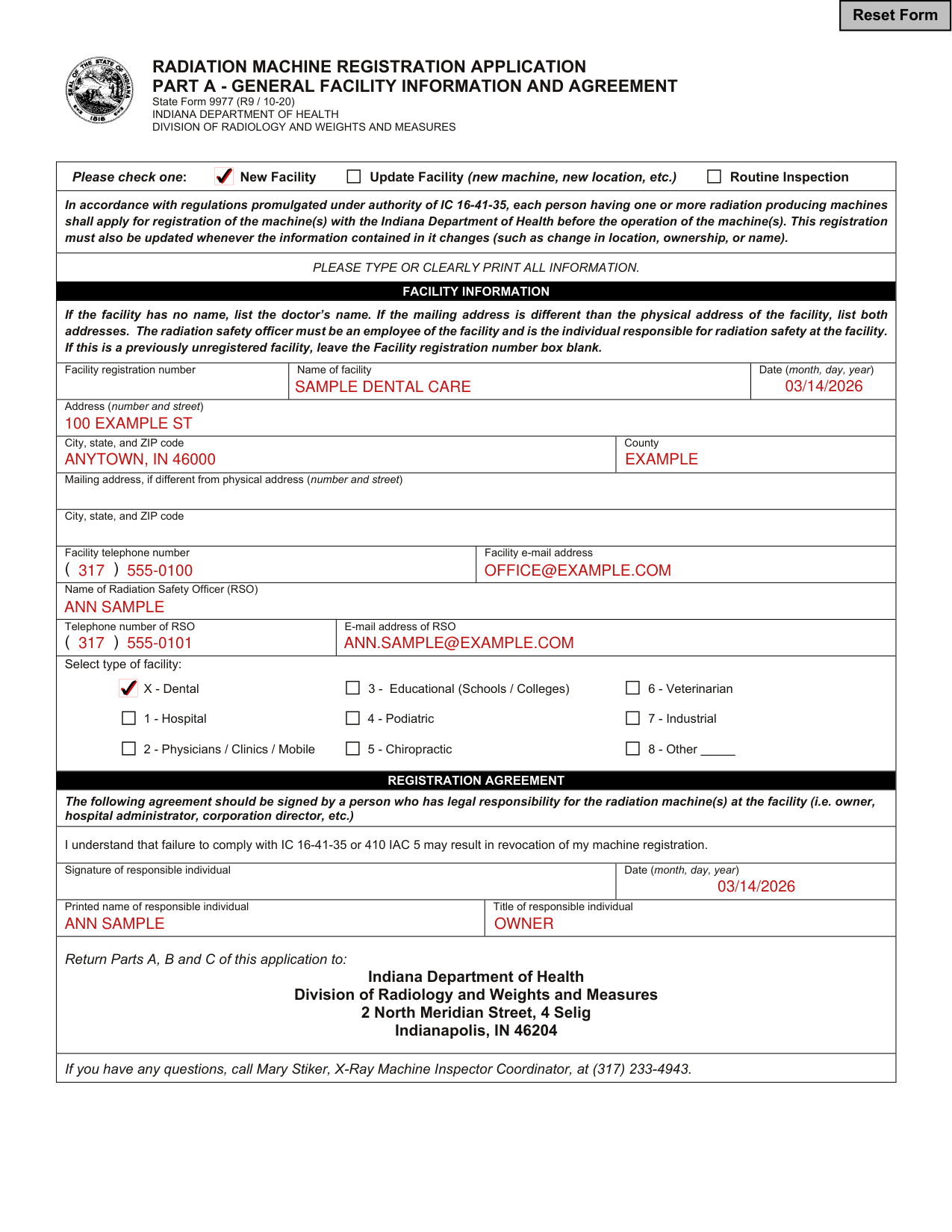 State Form 9977 example filled out, example: a new dental practice registers