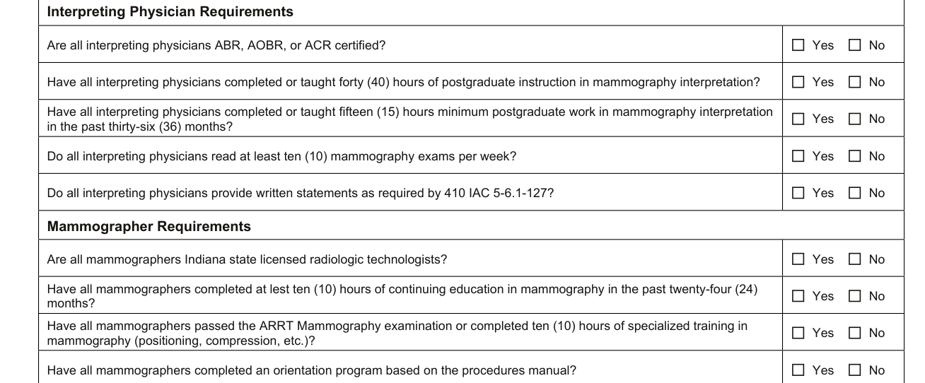State Form 9977 example filled out, mammography facility staff qualifications (Mammography Facilities Only)