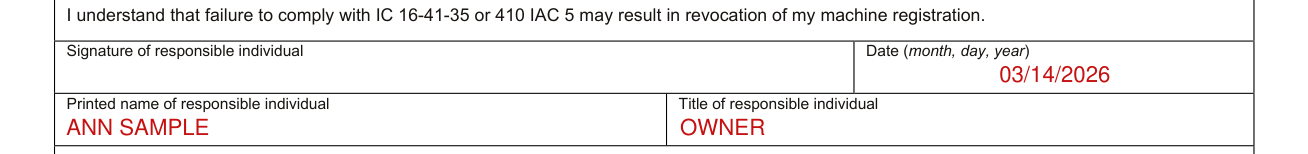 State Form 9977 example filled out, signature of responsible individual