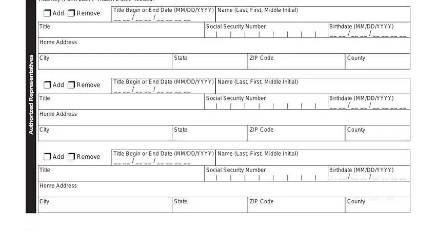 60A All information is required if, r Add r Remove, Title Begin or End Date MMDDYYYY, Title, Home Address, City, Social Security Number, Birthdate MMDDYYYY, State, ZIP Code, County, r Add r Remove, Title Begin or End Date MMDDYYYY, Title, and Home Address blanks to fill out