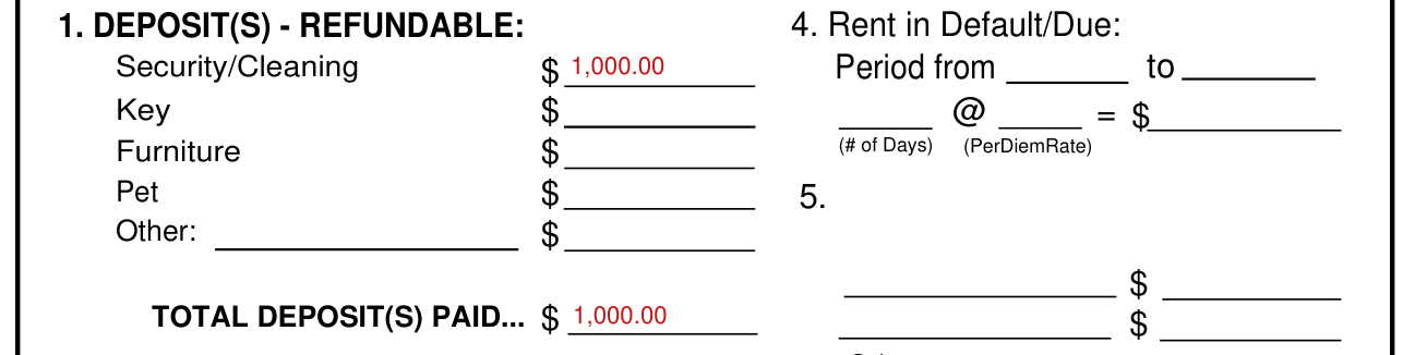Statement of Security Deposit Accounting example filled out, 1. Deposit(s) - refundable