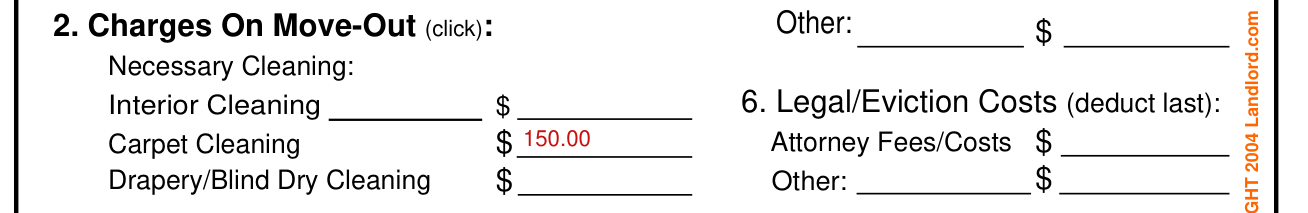 Statement of Security Deposit Accounting example filled out, 2. Charges on move-out