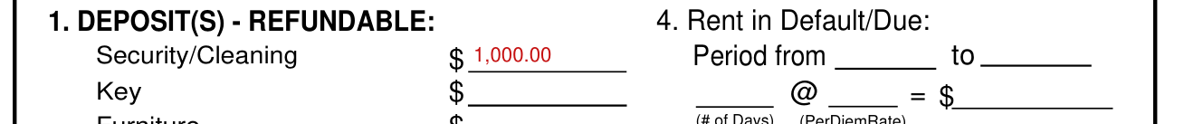 Statement of Security Deposit Accounting example filled out, 4. Rent in default/due