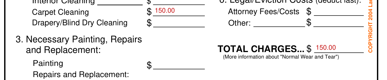 Statement of Security Deposit Accounting example filled out, 6. Legal/eviction costs and total charges