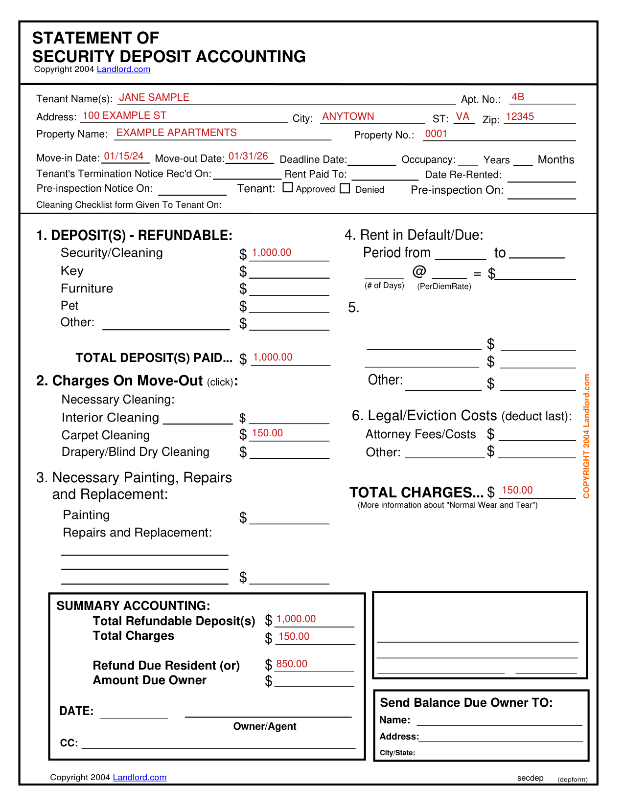Statement of Security Deposit Accounting example filled out, example: a refund after carpet cleaning