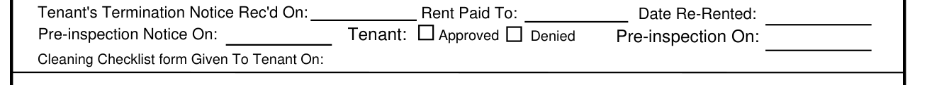 Statement of Security Deposit Accounting example filled out, pre-inspection and cleaning checklist