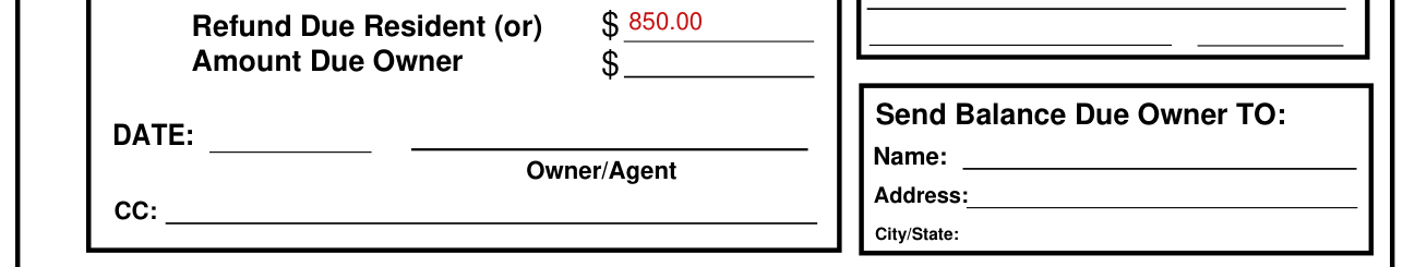 Statement of Security Deposit Accounting example filled out, send balance due owner to