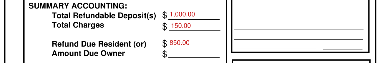 Statement of Security Deposit Accounting example filled out, summary accounting: refund due or amount due
