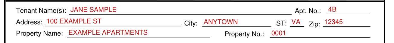 Statement of Security Deposit Accounting example filled out, tenant, address and property