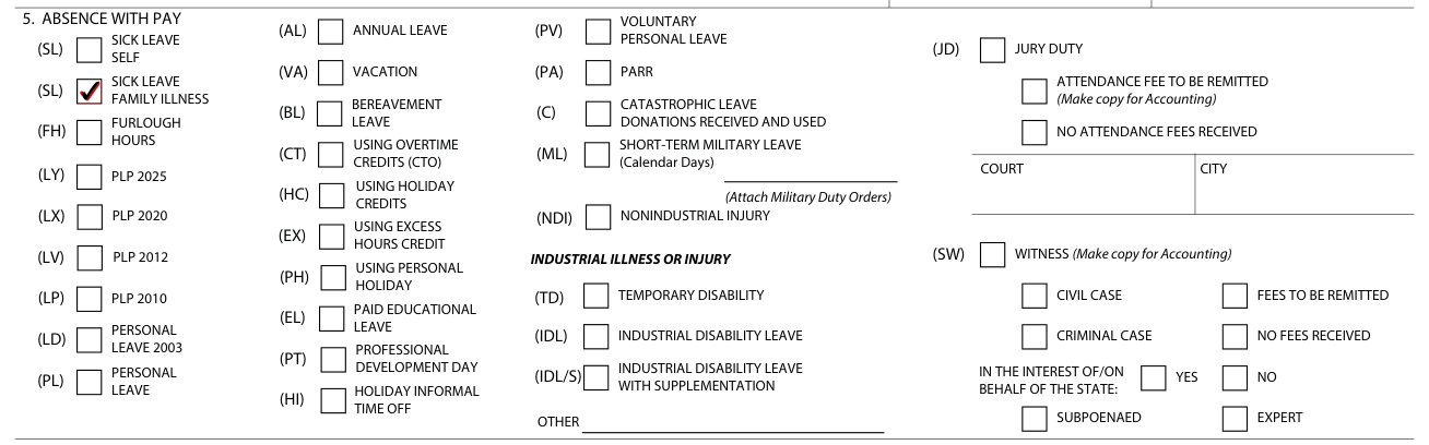 Form STD. 634 example filled out, box 5, absences with pay