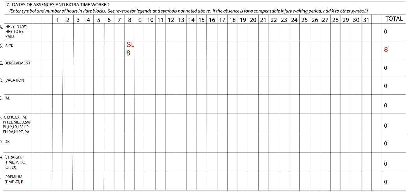 Form STD. 634 example filled out, box 7, dates of absences and extra hours worked